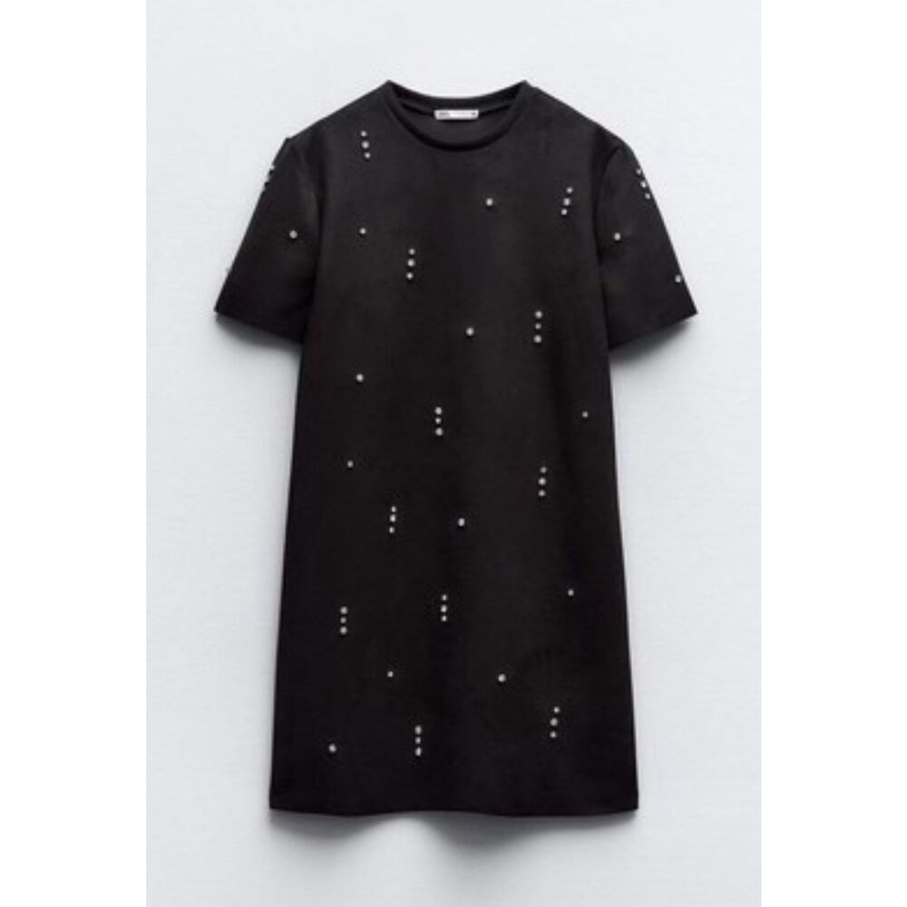 Zara Faux Suede Black Rhinestone Embellished Dress Women Medium Wedding Evening‎